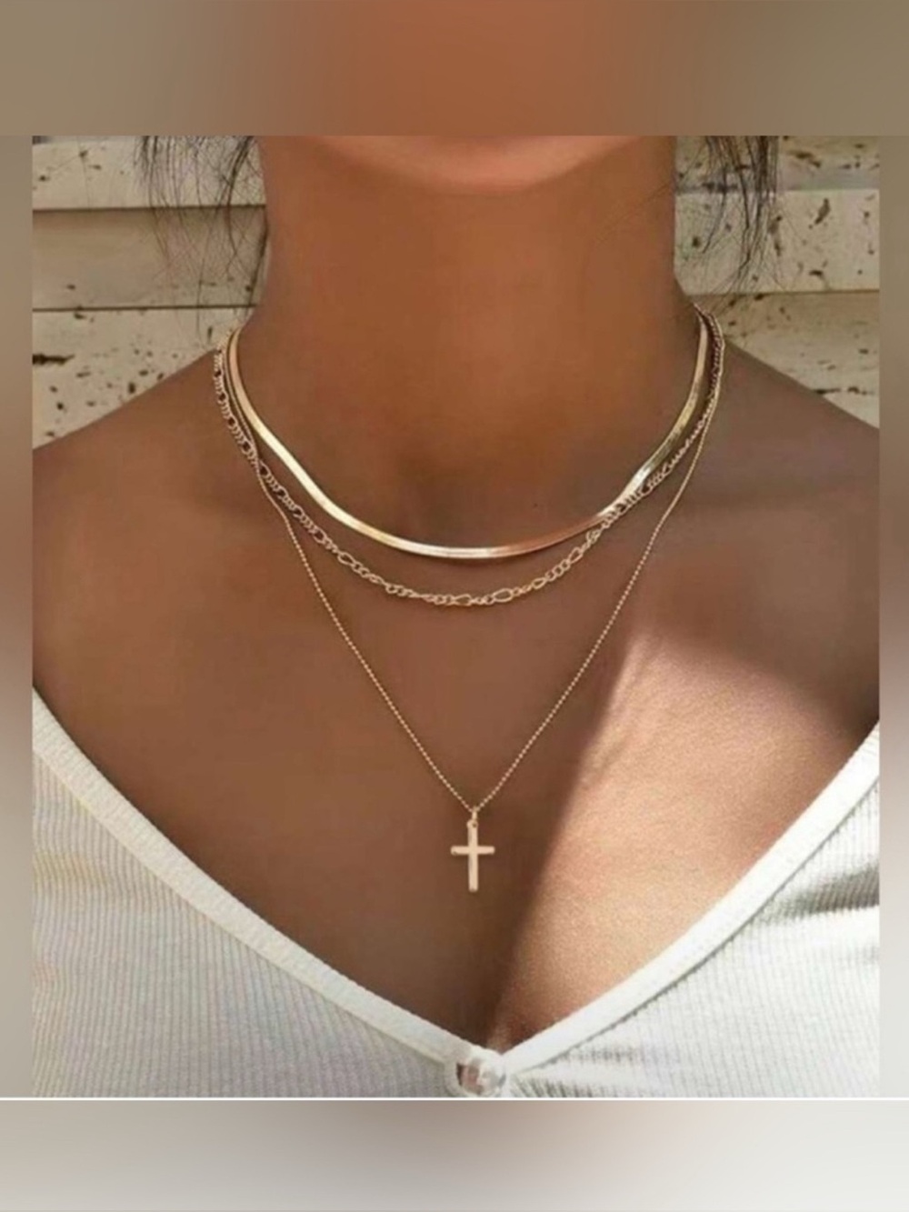 Gold Plated Stainless Steel 3pc Cross Herringbone Necklace Set